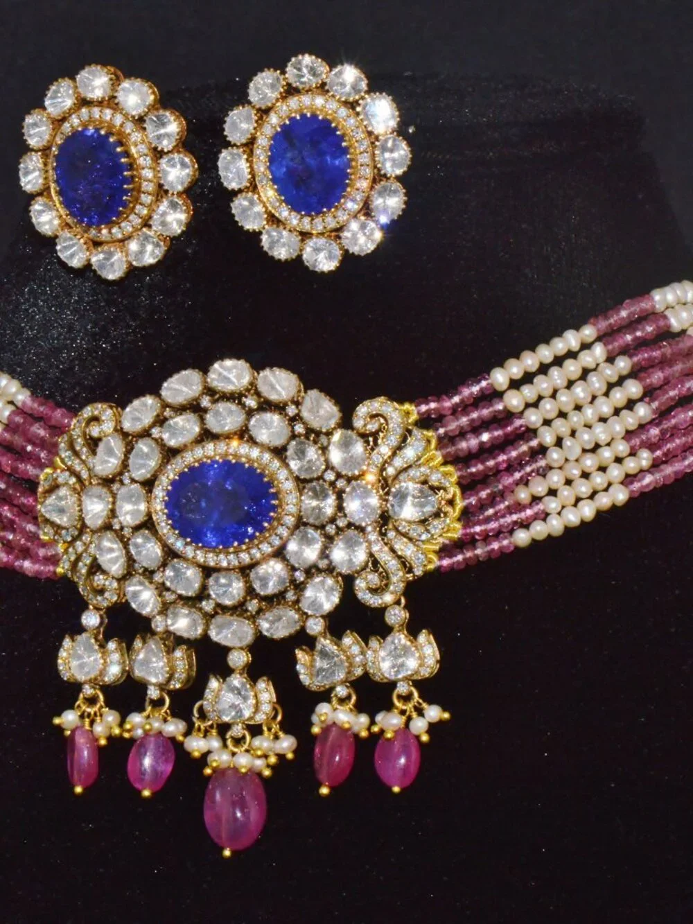 Natural Tanzanite Uncut Diamond Pearl Ruby Tourmaline 18K Gold Necklace Set